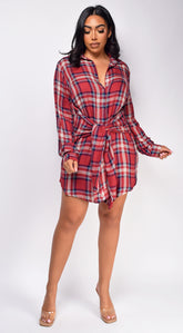 Saylor Red Button Up Plaid Shirt Dress
